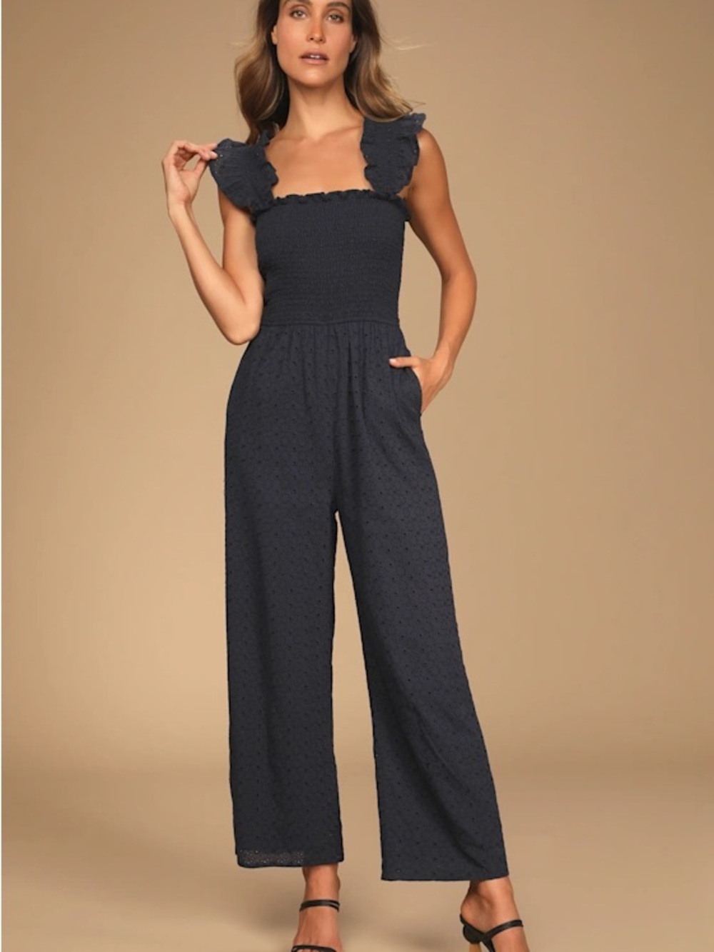 Lulu's Navy Smocked Wide-Leg Jumpsuit with Ruffle Straps